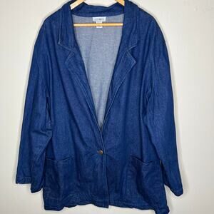 Vtg Hunters Run Denim Blazer 2X Womens Dark Wash Blue Jean Jacket Oversized 70s